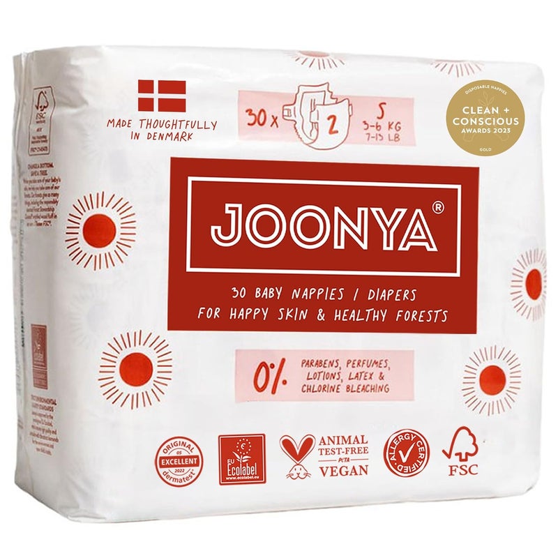 JOONYA Baby Diapers, Size 2 S (7-13 lb) - 1 Bag of 30 - New Range - NonToxic, Eco-Friendly, Ultra Slim, Overnight Use - Made in Denmark - Image 1